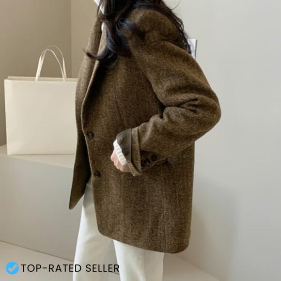 Wool Blend Blazer Classic Elegant Business Casual Work Coat Mid Thigh Length - Picture 5 of 7